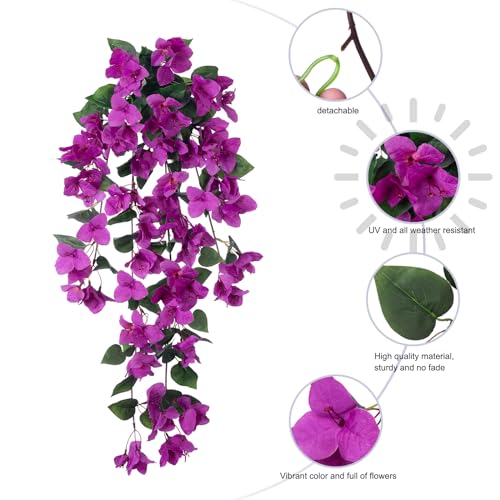 Bougainvillea Artificial Fake Hanging Flowers Plants for Outdoor Spring Decoration, 2PCS UV Resistant Faux Bougainvillea Silk Flowers Realistic Look Real for Planters Outside Porch Patio Yard, White - color: Z-purple, size: 2pcs