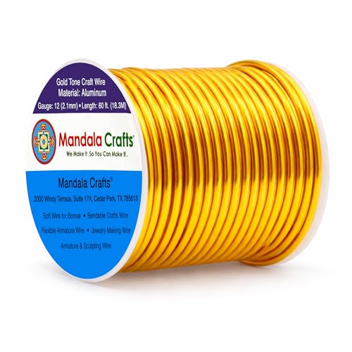 Mandala Crafts 12 Gauge Anodized Aluminum Craft Wire for Jewelry Making - 60 FT Colored Flexible Gold Tone Wire - Bendable for Bonsai Armature Crafting Sculpting - color: Gold, size: 12 Gauge