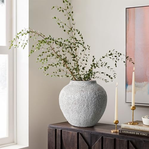 Rustic White Ceramic Vase Farmhouse Round Flower Clay Pottery Large Terracotta Floor Vases for Decorative Centerpiece Vintage Home Decor Aesthetic for Living Room Bedroom Table Entryway - size: 7.87In