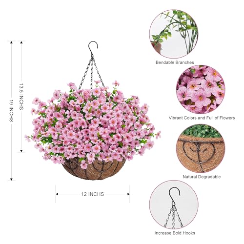 Artificial Fake Hanging Flowers Plants Basket for Outdoors Outside Spring Decoration,Hanging Planters with Faux Silk Flowers Realistic UV Resistant for Balcony Porch Patio Garden Fron Home Decor（Pink） - color: Pink