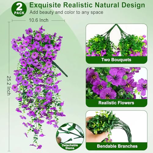 Artificial Hanging Flowers for Outdoors Decorations 2 Pack, Fake Hanging Flowers, UV Resistant Artificial Hanging Plants Outdoors for Home Porch Patio Balcony Baskets Yard(Purple) - color: Purple