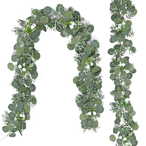 DEMIUKO 2PCS Artificial Eucalyptus Garland, 5.9FT Faux Greenery Garland with Silver Dollar Eucalyptus Leaves Fake Hanging Vines Summer Garlands for Wedding Arch Backdrop Table Wall Party Home Decor - size: 2PCS