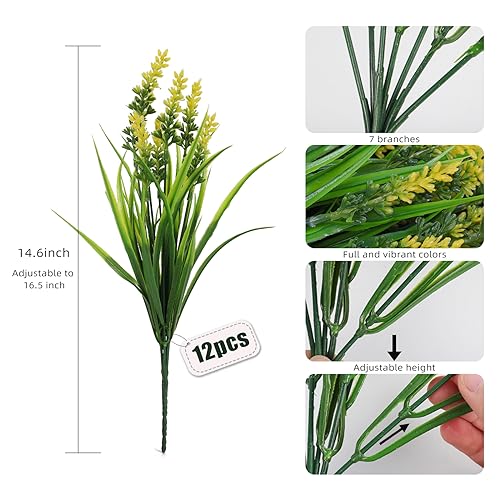 RECUTMS 12 Bundles Artificial Grass Fake Plants Outdoor Fake Grass UV Resistant Greenery Plastic Plants for Home Window Garden Office Patio Hanging Planter Pathway Front Porch Décor(Yellow) - color: Yellow