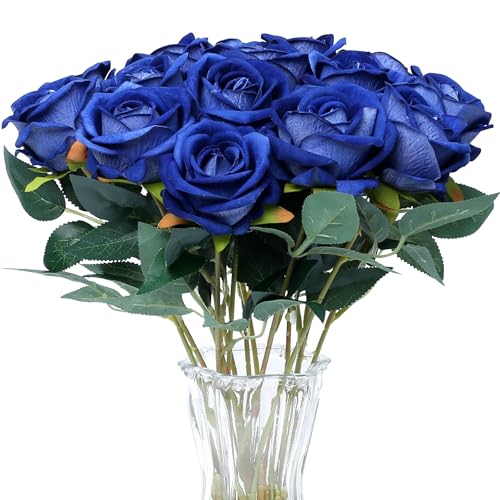 SITUMEIZI 15PCS Blue Artificial Roses Silk Flowers Fake Roses Realistic Bouquet Long Stem with Gift Box for Mother's Gift Day Home Party Wedding Decorations - color: Blue