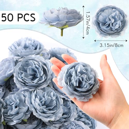 Thiccywoov 50 Pcs Artificial Flowers, 3.2 Inches Silk Rose Head Flowers Fake No Stem for Wedding Bridal Bouquet Home Floral Decor DIY Centerpieces Arrangements Party Tables Decoration(Dusty Blue) - color: Dusty Blue