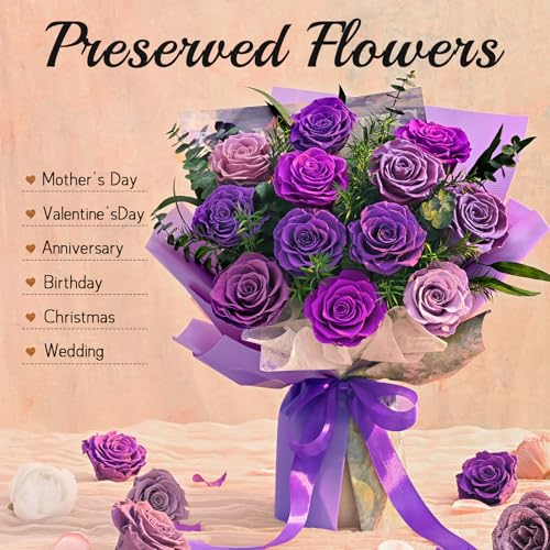 Flower Bouquet 12-Piece Preserved Roses Purple - color: Purple-12, size: 12 Roses