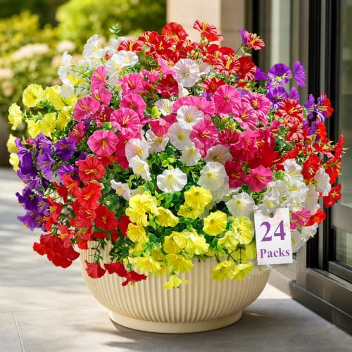 Alupssuc 24 Bundles Artificial Flowers for Outdoors Spring Decoration, UV Resistant Faux Petunia Silk Morning Glory with Eucalyptus Realistic Fake Flowers for Yard Planter Porch Garden, 5 Colors - color: Red, Fuchsia, Deeppurple, Yellow, White