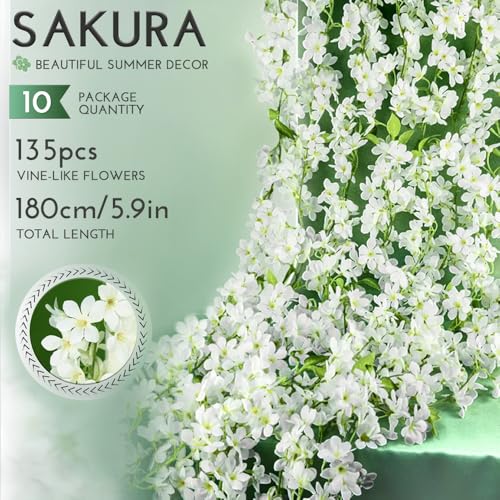 YRIOWMI 10PCS 59FT Artificial Silk Cherry Blossom Garland, Hanging Sakura Flower Vines for Wedding Party Home Arch Office Sakura Decor (White) - color: White