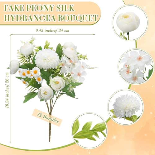 Tigeen Peonies Artificial Flowers Faux Roses Silk Flowers Hydrangea Artificial Bouquet for Wedding Table Centerpiece Floral Vase Home Office Bridal Decor(Pure White,12 Bundles) - color: Pure White