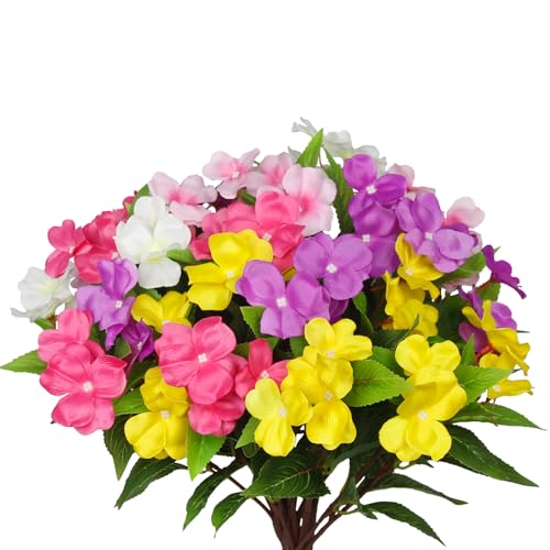 CITYES 5 Pcs Artificial Flowers Outdoor Impatiens UV Resistant Silk Impatiens Flowers Colorful Faux Flowers Impatiens Bushes Artificial Impatiens for Pot Patio Lawn Garden Hanging Basket Porch Decor - color: Pink, White, Yellow, Rose Red, Purple