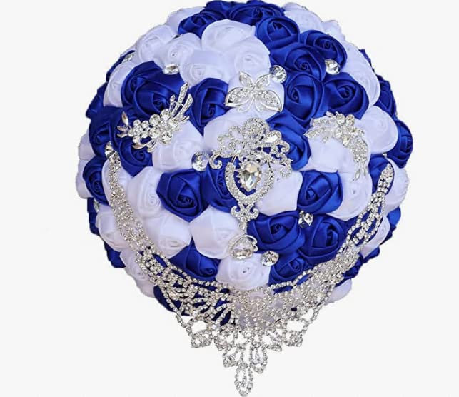 Handmade Luxury Wedding Bridal Bouquet Large Silk Rose Holding Toss Artificial Flowers Bouquets with Satin Ribbon Pearls Rhinestone for Bride Vintage Royal Wedding Bouquet (Sapphire Blue+White) - color: Sapphire Blue+white