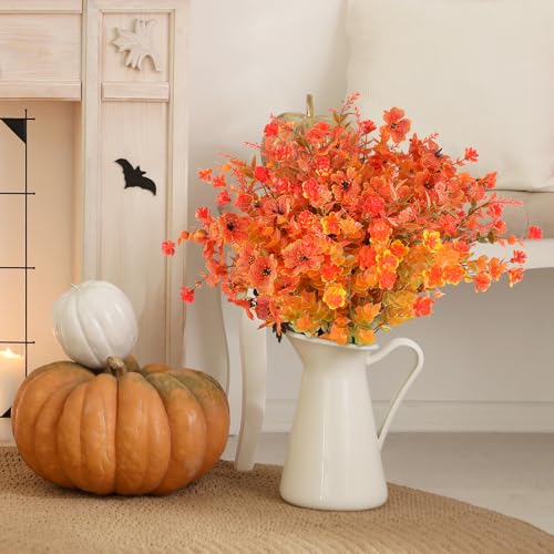 AmyHomie 16 Bundles Mix Orange Artificial Fall Flowers for Outdoor Fall Decor UV Resistant Fake Mums No Fade Fake Plastic Plants Garden Porch Window Box Decorating - color: Mix Orange, size: 16