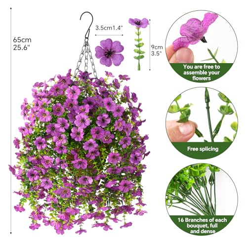 INQCMY Artificial Hanging Flowers with Basket for Spring Outdoor Decoration 3 Bunches of Silk Daisy Flower Uv Resistant for Garden Porch Patio Balcony Yard Decor (Purple2) - color: Purple2
