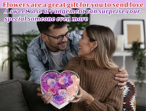 Valley of Rain & Forest Long-Lasting Real Flowers With Delivery | "Sweet" Preserved Floral Gift With Lights For You to Send Love, Romantic Home Decor (Forever Purple & Pink Roses Arrangement) - color: Purple & Pink Roses