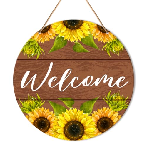 Muktoujaumai Welcome Sign Front Door Decor, Summer Welcome Round Hanging Sign Decor Farmhouse Sunflower Wall Decorations Wood Sign for Door, Porch, Home, Housewarming Gift for New House Friend Family - color: Y4