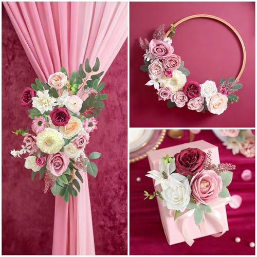 Artificial Flowers Box White Pink Silk Fake Roses with Stems for DIY Wedding Bridal Bouquets Floral Arrangement Table Centerpieces Cake Birthday Party Wreath Baby Shower Home Decor - color: White Pink