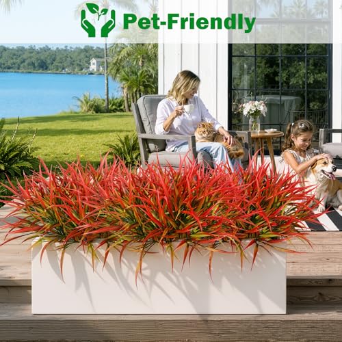 Uieke 28 Bundles Artificial Outdoor Plants UV Resistant Fake Grass Plants Faux Plastic Plants Greenery Shrubs for Home Garden Pathway Window Box Front Porch Cemetery Fall Decor, Autumn Red - color: Autumn Red, size: 28