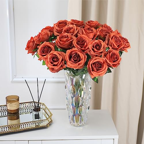 Tifuly Orange Roses Artificial Flowers -12 Pcs Long Stem Silk Roses, Realistic Fake Roses with Stem for Bridal Bouquets, Home and Office DIY Decor - color: Orange