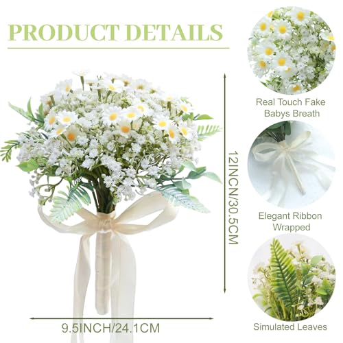 Artificial Bridesmaid Bouquets Set of 6 - Ivory White 9 Inch Flower Bouquet for Wedding Party Ceremony Anniversary Dinning Table Centerpieces Decor Faux (Chamomile & Babys Breath & Ribbon) - color: Chamomile