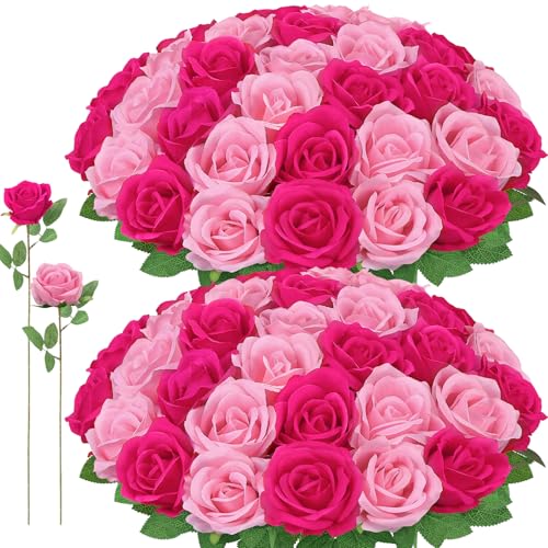 72 Pcs Artificial Roses Hot Pink, Pink Fake Silk Roses Realistic Roses Faux Flower Indoor Wedding Home Decor, Birthday Decorations - color: Pink,hot Pink