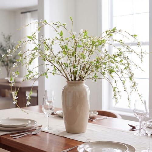 Zeyune 6 Pcs Artificial Blossom Branches with Green Buds 40" Faux Plastic Floral Plant Stem Picks Sprigs for Vase DIY Home Office Wedding Party Indoor Outdoor Summer Decor (Green, White Blossom) - color: Green, size: White Blossom