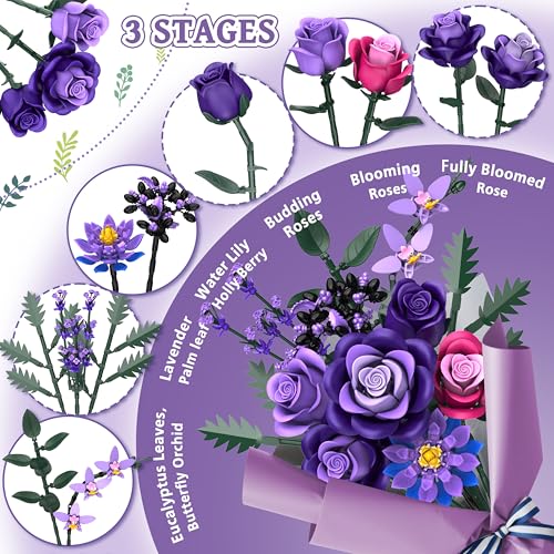 Purple Roses Flower Bouquet Building Sets, 834PCS Artificial Flowers Botanical Collection Compatible with Lego Flowers for Adults Gothic Decor, Valentines Day Gifts for Women Her Wife Girlfriend Mom