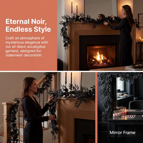 GREENTIME 1 Pack 6.5Ft Artificial Black Eucalyptus Greenery Garland Fack Willow Garland Gothic Decor for Table Runner Wedding Arch Home Mantel and Halloween Party - color: Black-1
