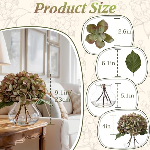 Green Artificial Hydrangea Flowers with Glass Vase, Faux Floral Arrangements with Fake Water, Lifelike Hydrangeas Table Centerpieces for Dining Room, Coffee Table, Bathroom Decor - color: D-green