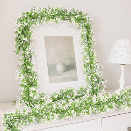 RAINFLOW 5.9Ft Babys Breath Artificial Flowers Garland - 1PCS Lush Baby Breath Flowers Artificial Bulk Vines, White Flower Garlands for Wedding Arch Party Fireplace Backdrop Indoor Outdoor Decor