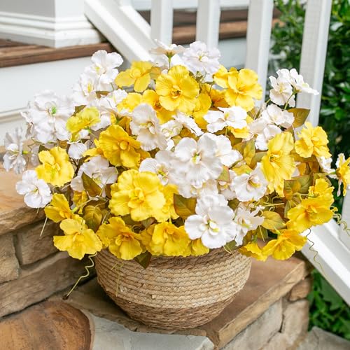 Hoppwodd Fall Flowers Fake Flowers Mums for Outdoors Autumn Decoration, 6 Bundles Artificial Flowers Faux Silk Plants Realistic UV Resistant for Outside Planter Patio (Fall Yellow White) - color: Fallyellwhi