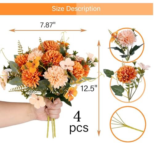 4 pcs Orange Artificial Flowers Fake Flowers Silk Artificial Chrysanthemum Ball Hydrangea Bridal Wedding Bouquet for Home Garden Party Decor - color: 3pcs-orange