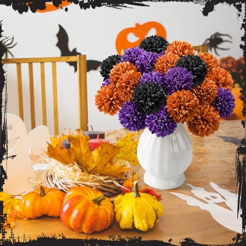 XunYee 24 Pcs Halloween Artificial Flowers Halloween Chrysanthemums Ball Flowers Black Orange Purple Fake Hydrangea for Halloween Party Home Table Centerpieces vase Decor