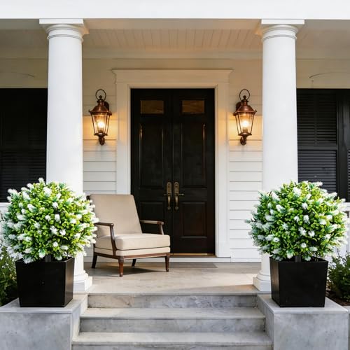 2 Pack 25" Artificial White Lavender Topiary Ball Trees for Outdoors, UV Resistant Faux Evergreen Shrubs with Ground Spikes, Fake Bush Ball Plants for Front Porch, Patio, Garden, Indoor Outdoor Decor - color: White Lavender