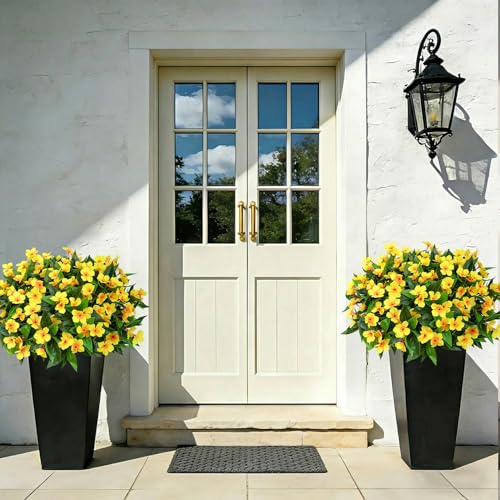 Roberly 6 Bundles Artificial Flowers for Outdoors, Faux Silk Catharanthus Roseus Flowers Bouquet Fake Greenery Plant for Spring Summer Garden Patio Porch Window Box Table Home Decor, Yellow - color: Yellow