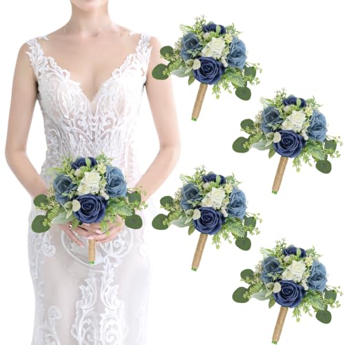 Navy & Blue Bridesmaids Bouquets Set of 4-7 Inch Artificial Flowers Bridesmaid Bouquet for Wedding Pre-Made Rustic Rose Small Floral Bouquets for Bridal Shower Marriage Proposal Party Anniversary - color: Navy & Blue, size: 4pcs