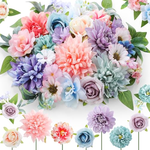 Janinka 100 Pcs Blue Purple Pink Assorted Fake Flower Heads with Long Stem Mini Artificial Flower Bulk Mix Silk Faux Daisy for Crafts Fake Peony Rose for DIY Wedding Party Wreath Home Decoration - color: Blue Purple Pink