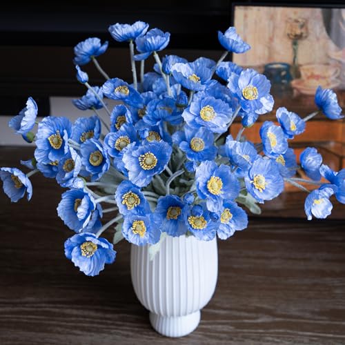 Lifelike Artificial Poppy Flowers, 8 Stems Silk Bouquet with Flocked Stems & Leaves – for Wedding Centerpieces, Home Decor, Table Arrangements - color: 8pcs Blue