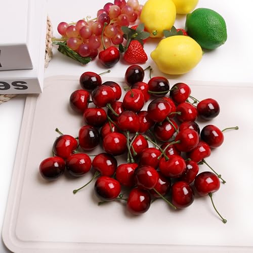 50PCS Simulation Cherry Fake Fruit Red Cherry is Used for Home Dining Table, Kitchen, Fruit Ornaments, Glass Jar Filler and Fruit Basket Supplement - color: Dark Red Cherry
