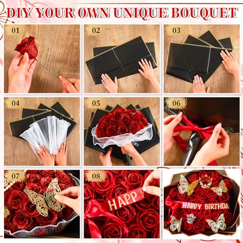 Thiccywoov 36 Pcs Glitter Roses Bouquet Graduation Artificial Rose DIY Flower Bouquet Kit Flower Wrapping Paper 3D Butterflies Crowns for Mom Mother Teacher Birthday (Red) - color: Red