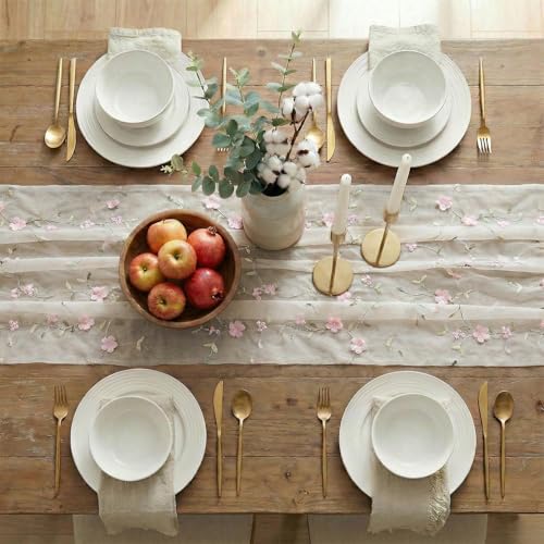 Artoid Mode Pink 3D Flower Gauze Embroidery Table Runner 120 Inch 10FT, Tulle Seasonal Spring Kitchen Dining Holiday Table Decor for Home Party - color: White-pink