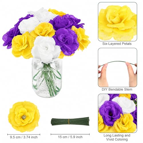 LELEE 108pcs Roses Head Flowers with Stem, Yellow Purple White Artificial Flowers Rose Bulk, Silk Rose Fake Flower for Memorial Day Wedding Bouquet DIY Baby Shower Centerpieces Outdoor Grave Decor - color: Yellow-purple-white