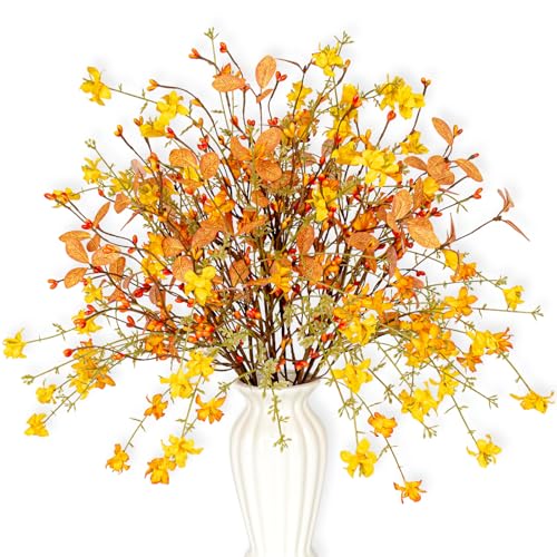 Artificial Fall Flowers with Berries 12 Pack Fall Floral Picks 17 Inch Orange Berry Stems with Orange Flowers Eucalyptus Leaves for Autumn Harvest Thanksgiving Day Flower Arrangements