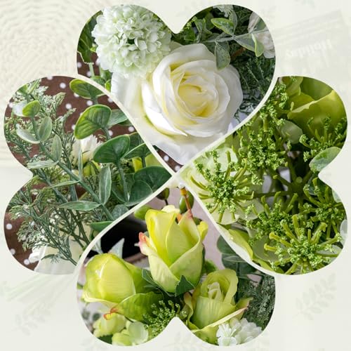 Small Faux Flower Bouquet in White Ceramic Vase (15.75" Tall) - Green & White Artificial Floral Arrangement for Coffee Table Centerpiece, Bathroom & Office Desk Decor - color: Green + Small