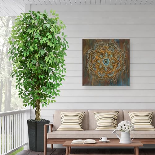 7FT Artificial Ficus Tree, 84 Inch Realistic Faux Silk Ficus Floor Plant with Black Planter & Pebbles, Tall Fake Potted Tree for Indoor Home Office Living Room Corner Decor - color: Black, size: 7 ft