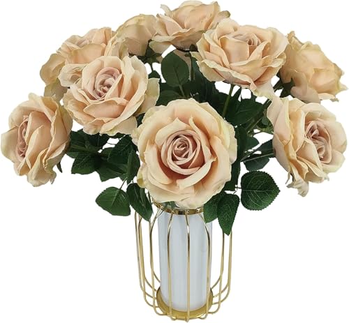 ATFL Fake Roses Artificial Flowers Bulk,Floral Diameter 4'',20 Pcs Artificial Silk Roses Flowers with Stems for Wedding Arrangement Centerpieces Party Home Table Decorations (20, Fall Champagne) - color: Fall Champagne