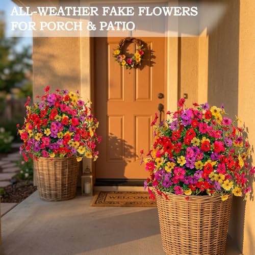 Artificial Petunias with Ground Stake - UV Resistant & Waterproof Faux Flowers for Outdoor Indoor Garden, Yard, Planter, Porch & Home Decor (3pcs) - color: Colorful 3pcs