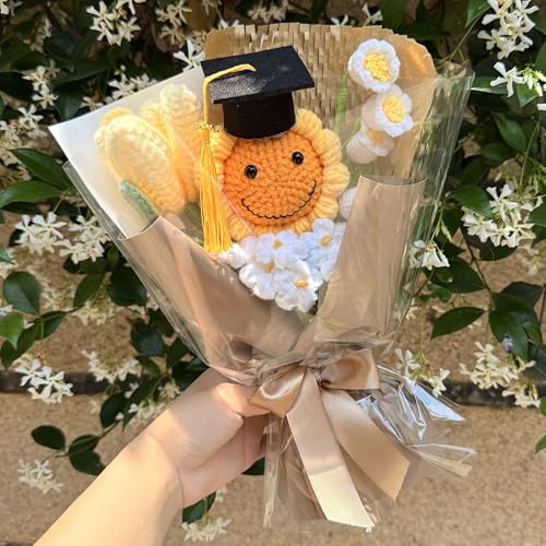 Graduation Gifts Sunflower Crochet Flowers Bouquet with Greeting Cards Handmade Knitted Artificial Flowers Home Decor - color: Flowers005