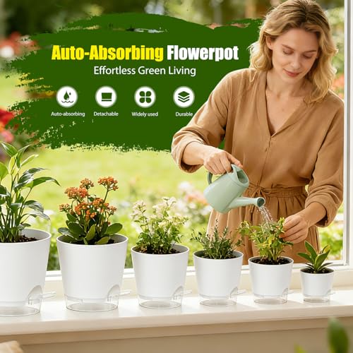 Plant Pots 4/5/5.5/6/6.5/7 Inch Self Watering Pots, 6 Pack Plastic Planters with Drainage Holes and Clear Saucers,Plastic Flower Pots,Nursery Planting Pot for Indoor Out Door Plants(White) - color: White, size: 4/5/5.5/6/6.5/7 inch