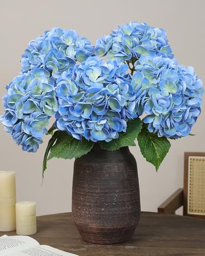 5pcs Blue Hydrangea Artificial Flowers Real Touch Latex Large Fake Hydrangeas 21in Lifelike Full Dried Faux Hydrangeas Flowers for Home Decor Wedding Party Arrangements - color: Blue, size: 5Pcs