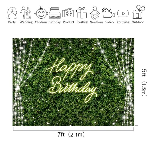 Riyidecor Green Happy Birthday Backdrop Polyester Fabric for Woman Grass Neon Leaf Rustic Spring Leaves Plant Botanical Nature 7Wx5H Feet Lights Photography Background Birthday Photo Studio Shoot - color: D-Green Birthday（Light）, size: 7Wx5H